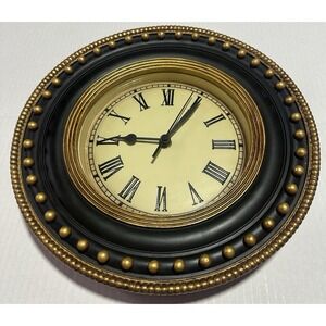 WALL CLOCK ROMAN NUMERALS ANALOG BATTERY OPERATED BLACK & GOLD